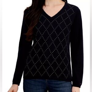 Tommy Hilfiger V Neck Argyle Sweater Womens Size Medium Long Sleeve 100% Cotton